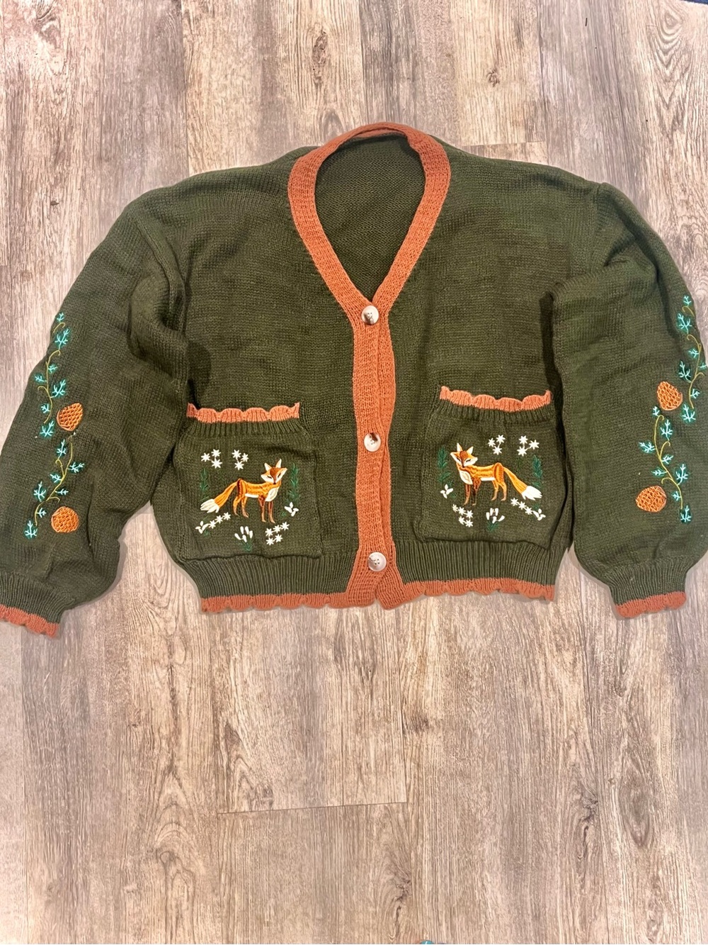 Green and Brown Fox Embroidered Cardigan with Button-Front, Knitted Fall Sweater